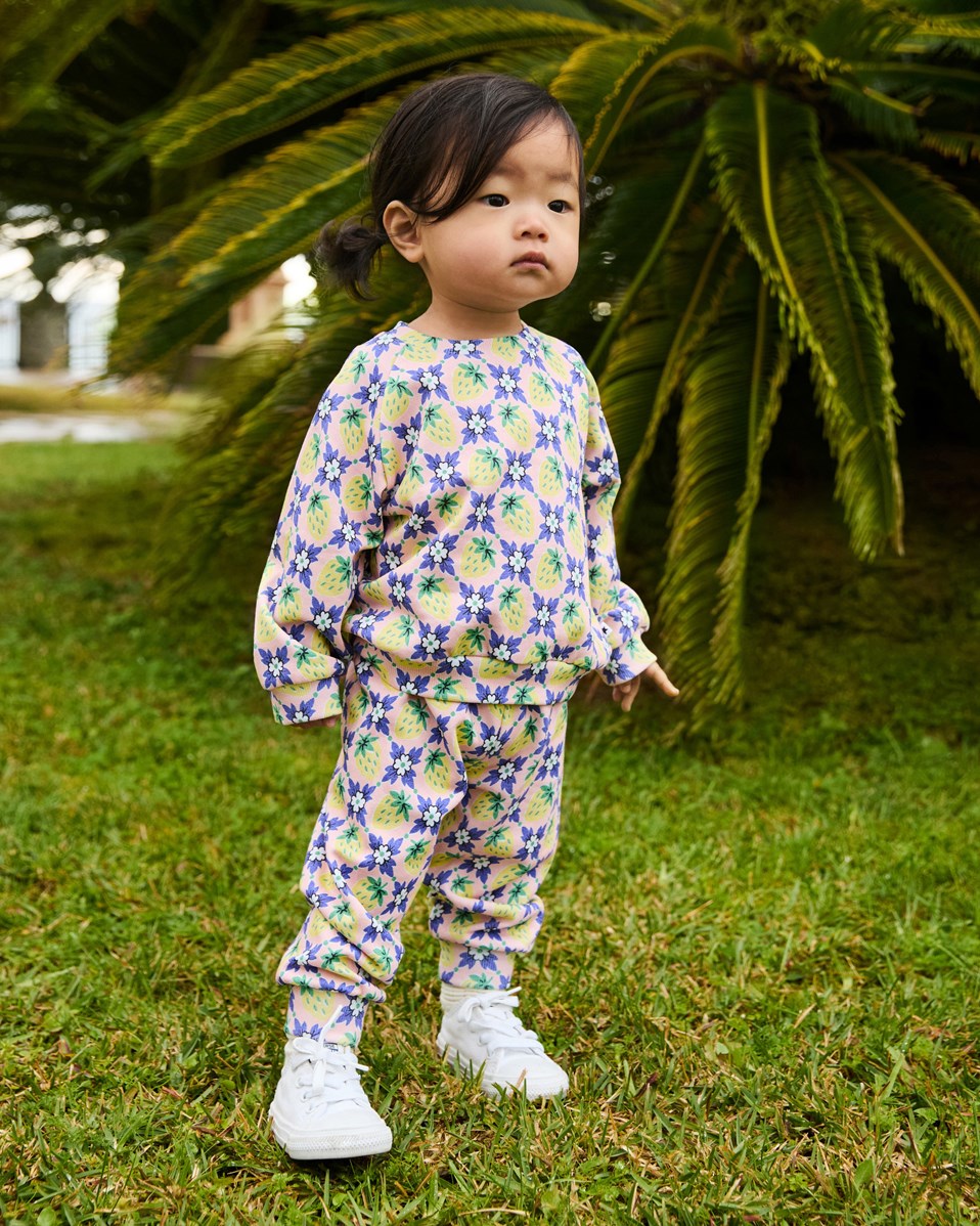 Disc - Vintage Berries - Biologische lichtroze babysweater meteen print van paarse bloemen en gele aardbeien