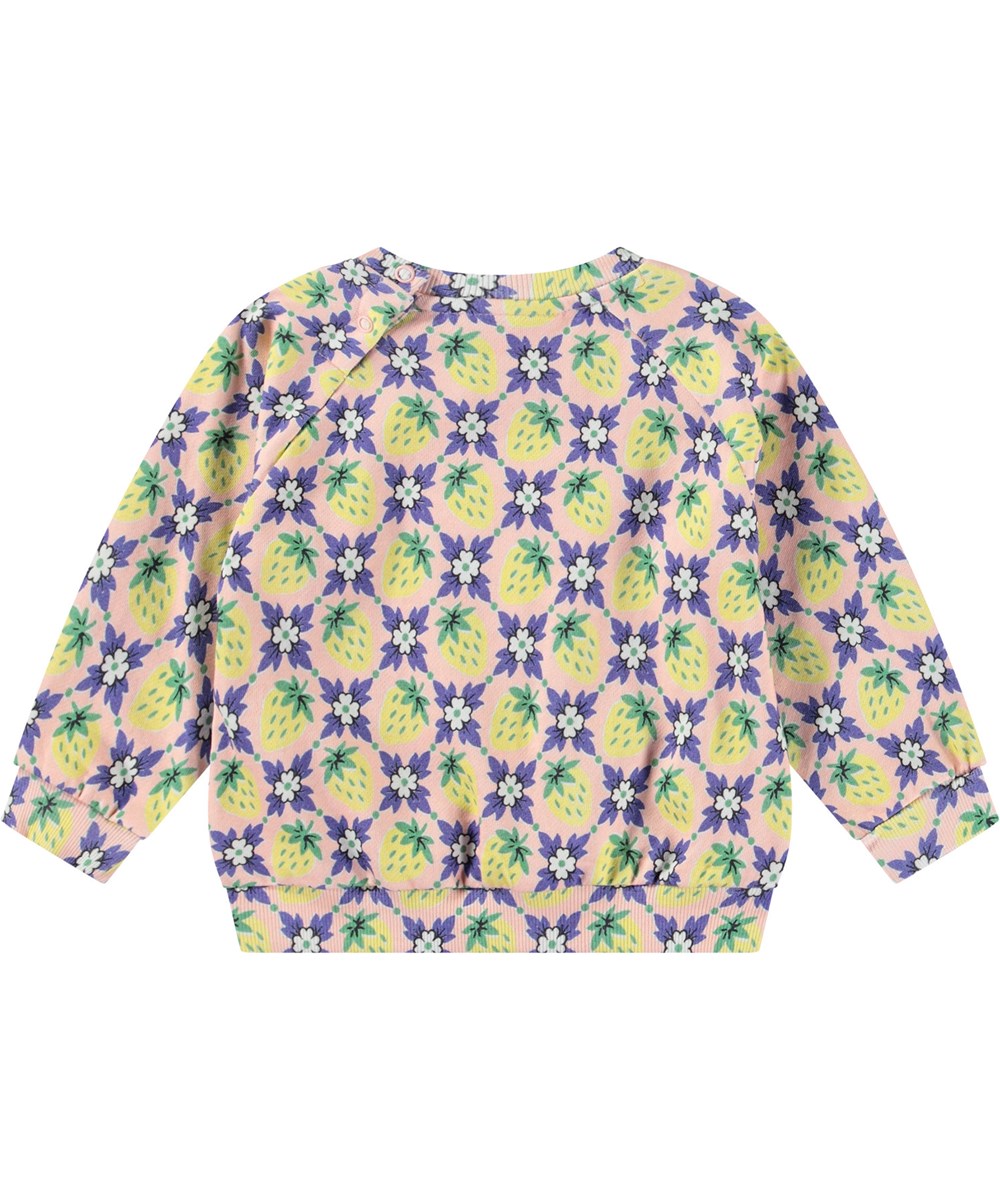 Disc - Vintage Berries - Biologische lichtroze babysweater meteen print van paarse bloemen en gele aardbeien