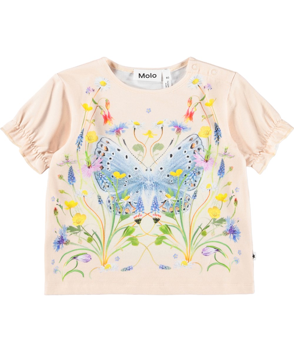 Eline - Butterfly - Roze T-shirt voor de kleintjes gemaakt van biologisch katoen met ruches en vlinderprint