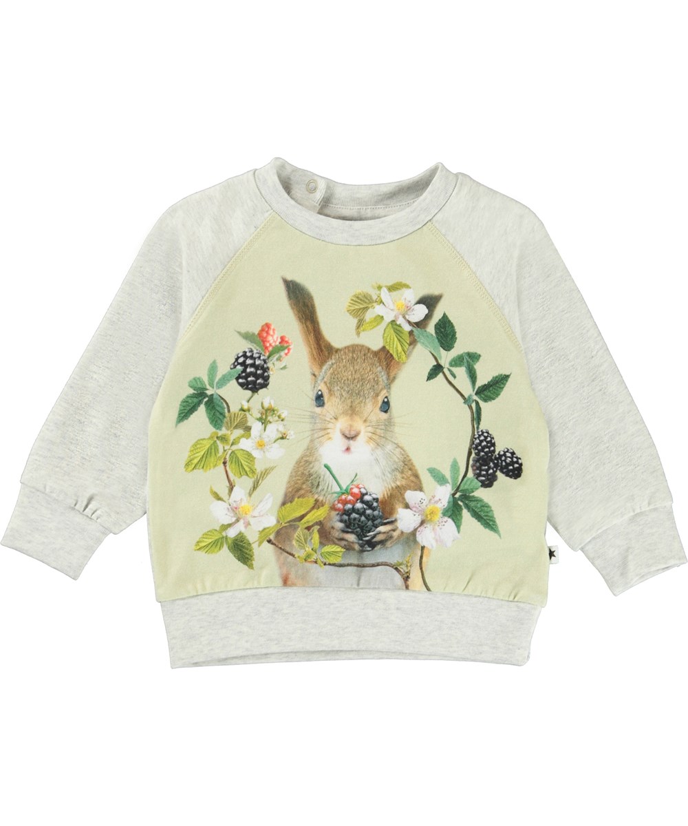 Elsa - Kind Squirrel - Lichtgrijze biologische babysweater met een eekhoorn