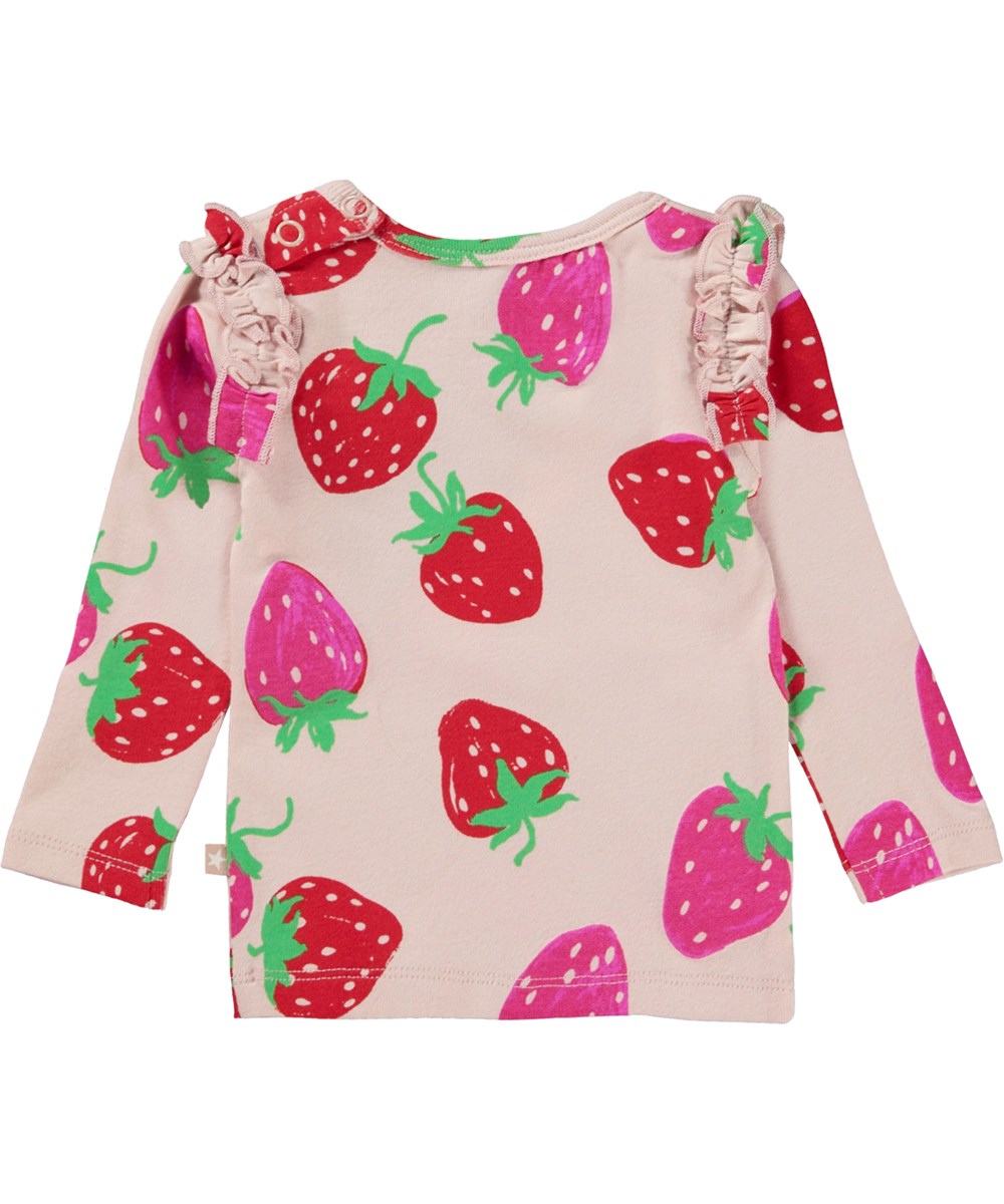 Emma - Strawberries Mini - Roze biologische babytopje met ruches en aardeitjes print