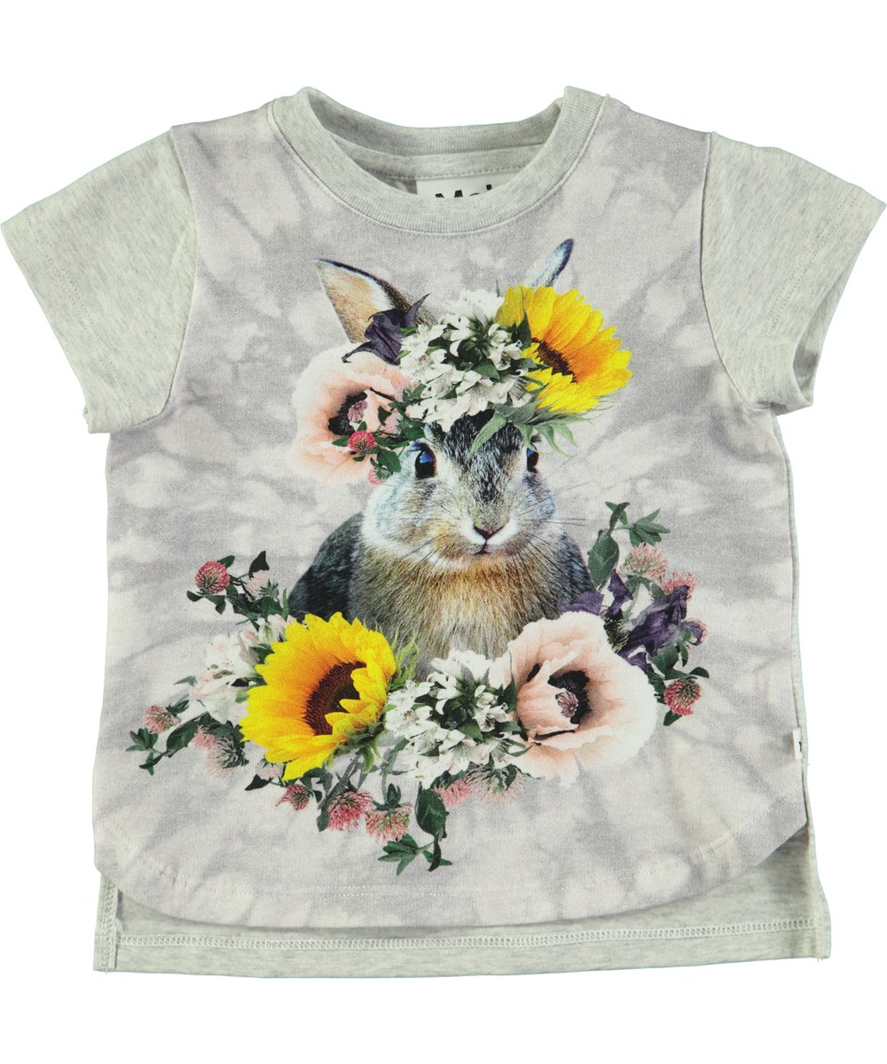 Erin - Flower Bunny - Grijs babyshirt met korte  mouwen en digitale konijn - en bloemenprint