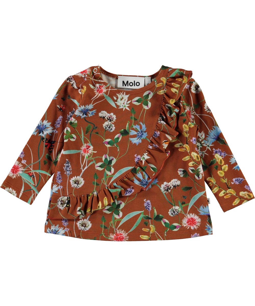 Evelyn - Wildflowers - Bruine babyshirt met bloemen en ruches