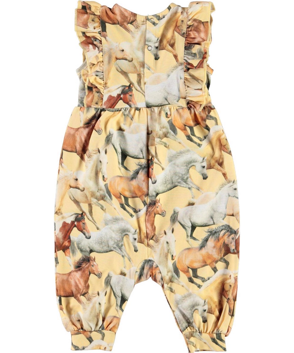 Fallon - Horse Dreams Baby - Lysegul økologisk baby buksedragt hesteprint