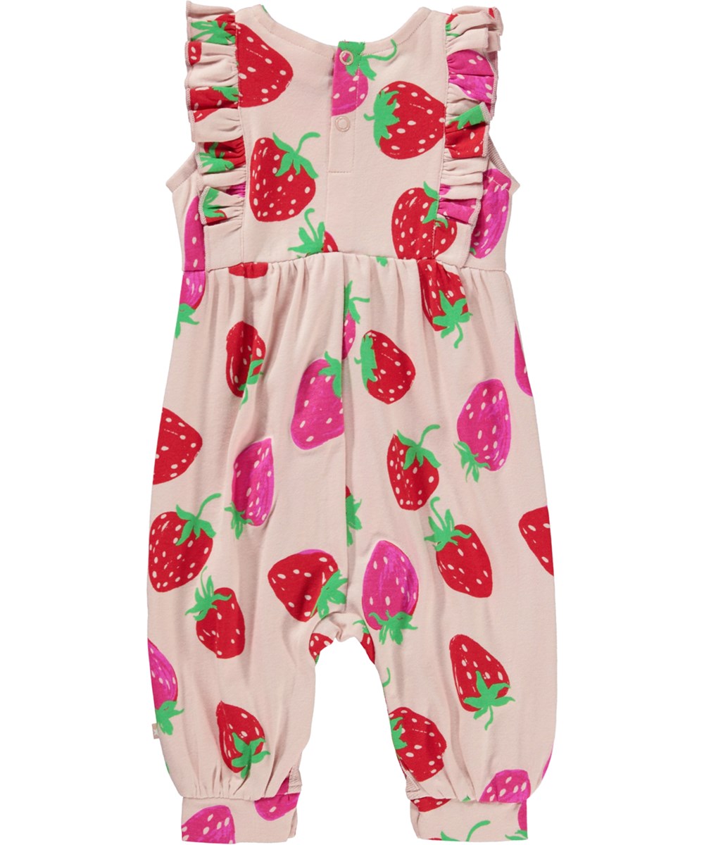 Fallon - Strawberries Mini - Økologisk babyheldragt med flæser og jordbærprint