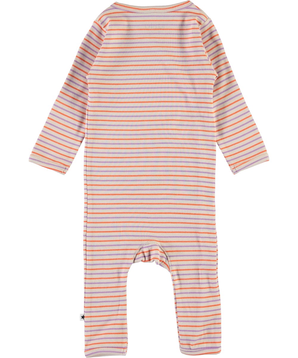 Flora - Purple Orange Stripe - Økologisk stribet baby dragt