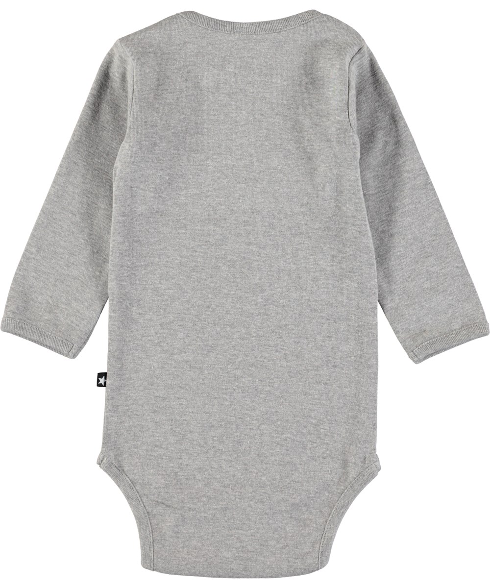 Foss - Grey Melange - Langærmet, grå baby body med påtrykt stjerne