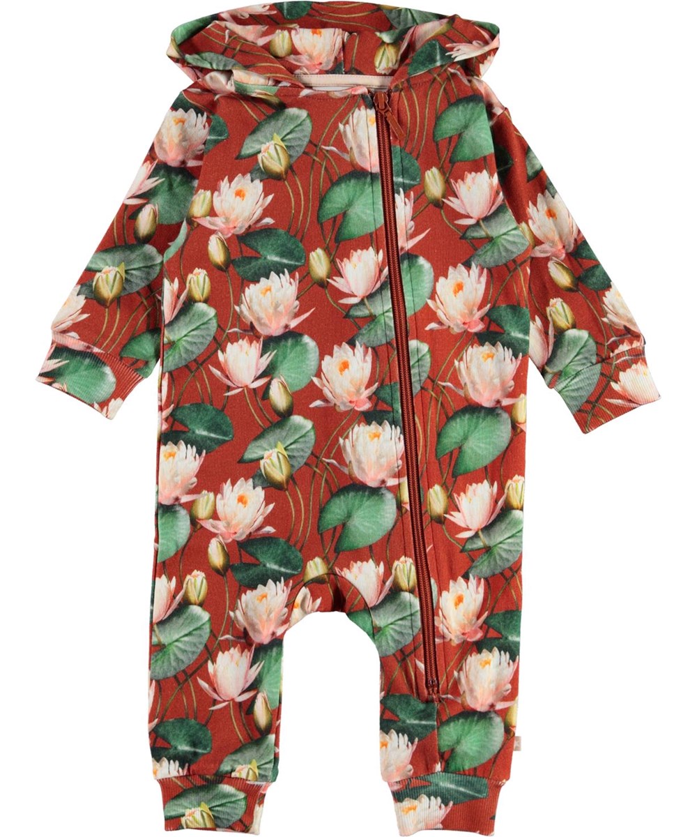 Fowo - Autumn Lily_Baby - Baby heldragt med lyserøde åkande print