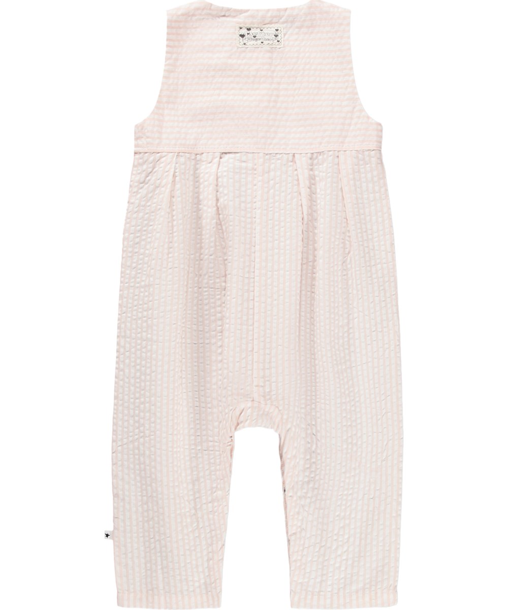 Freja - Cloud Pink Stripe - Lyserød babyheldragt med striber og lange ben i økologisk bomuld