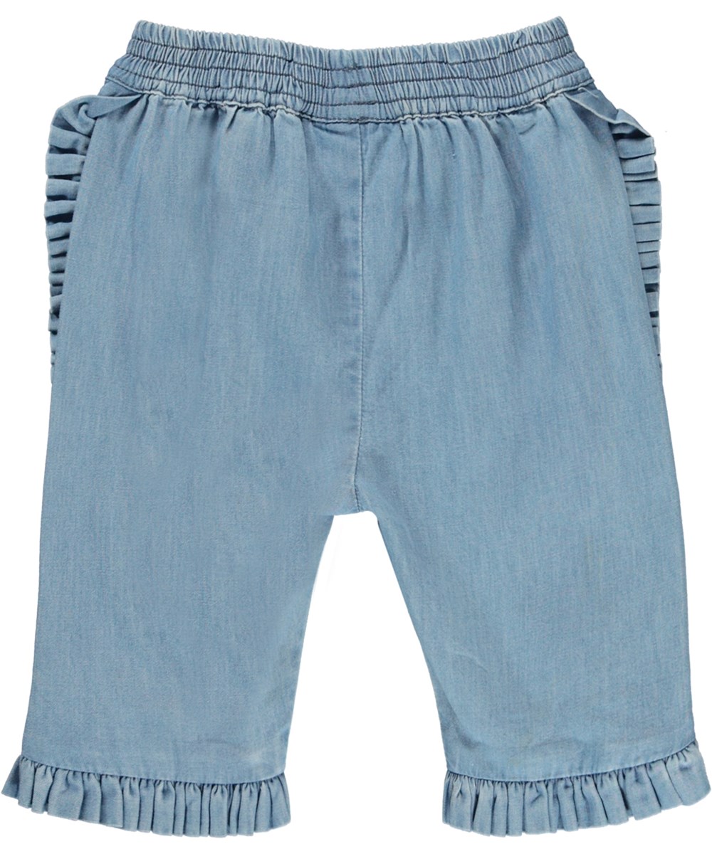 Sallie - Washed Chambrey - Lyseblå denim babybukser med flæsekanter