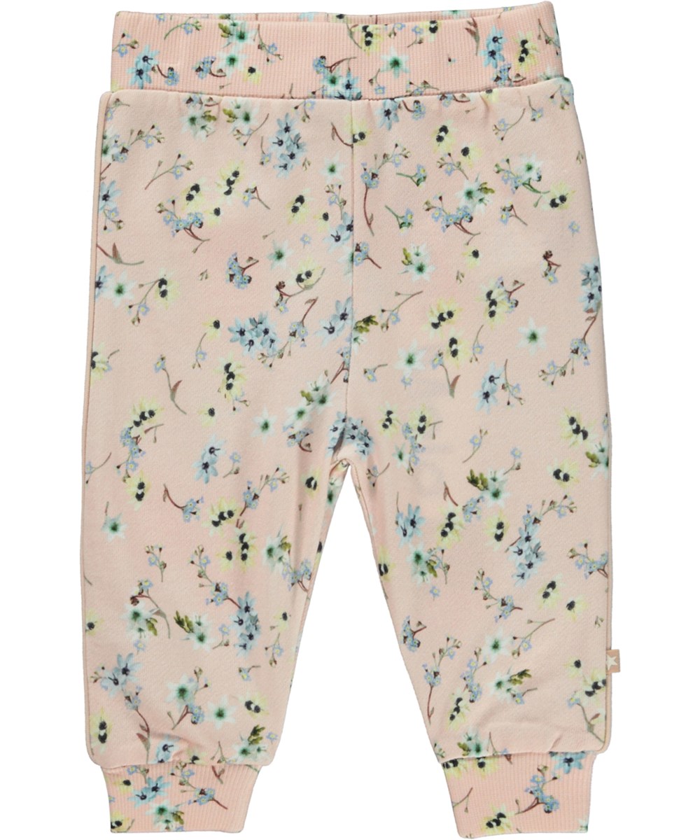 Shona - Mini Blue Flowers - Økologiske lyserøde babybukser i blomsterprint