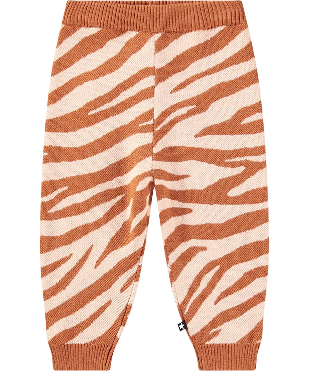 Sol - Baby Zebra Knit - Brune og lyserøde zebrastribede babystrikbukser