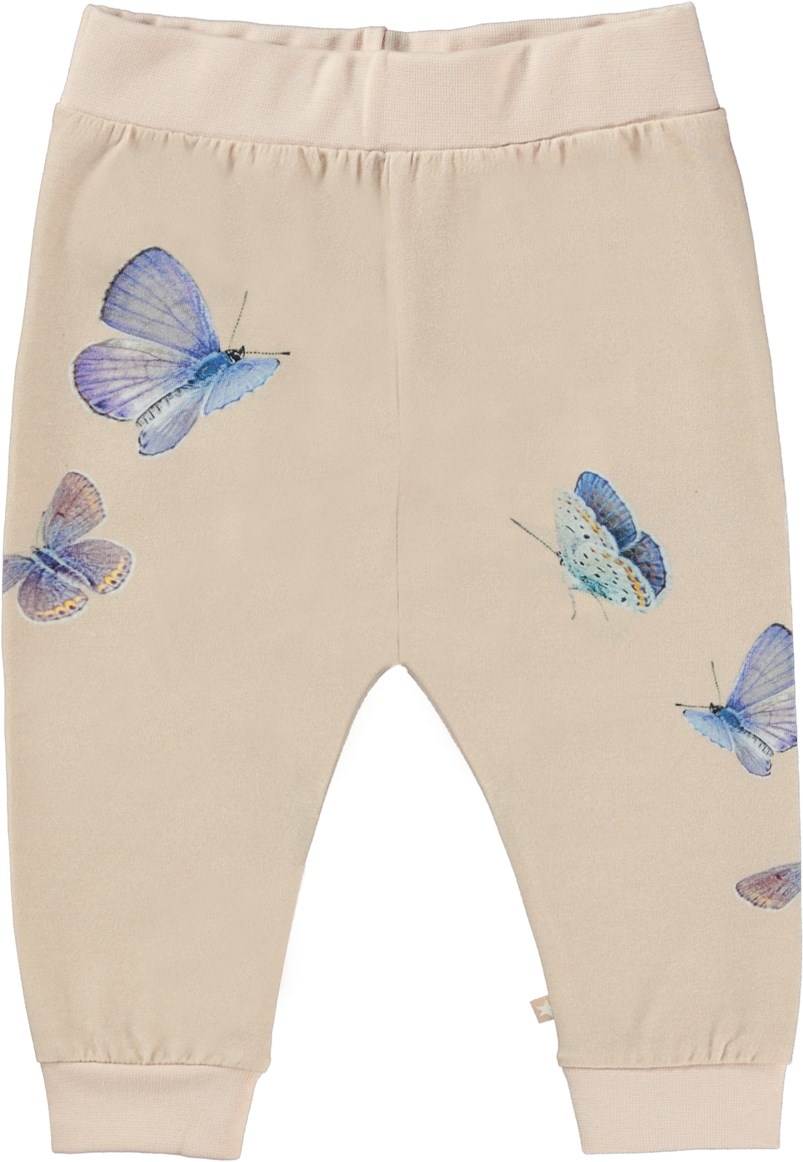 Susanne - Blue Butterflies - Økologiske lyserøde babybukser med blå sommerfugle