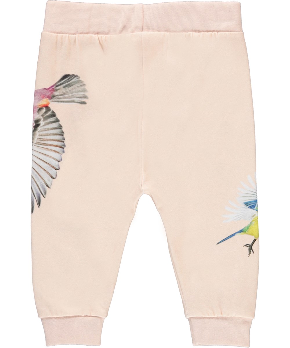 Susanne - Flying Peace - Økologiske rosa babybukser med fugle print