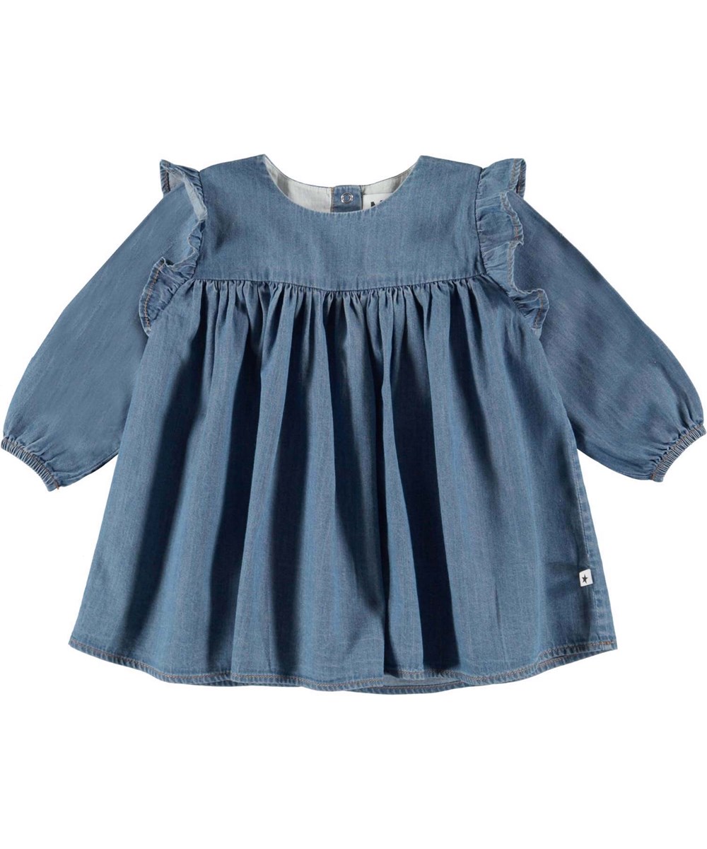 Callie - Washed Blue - Baby denimkjole med flæser