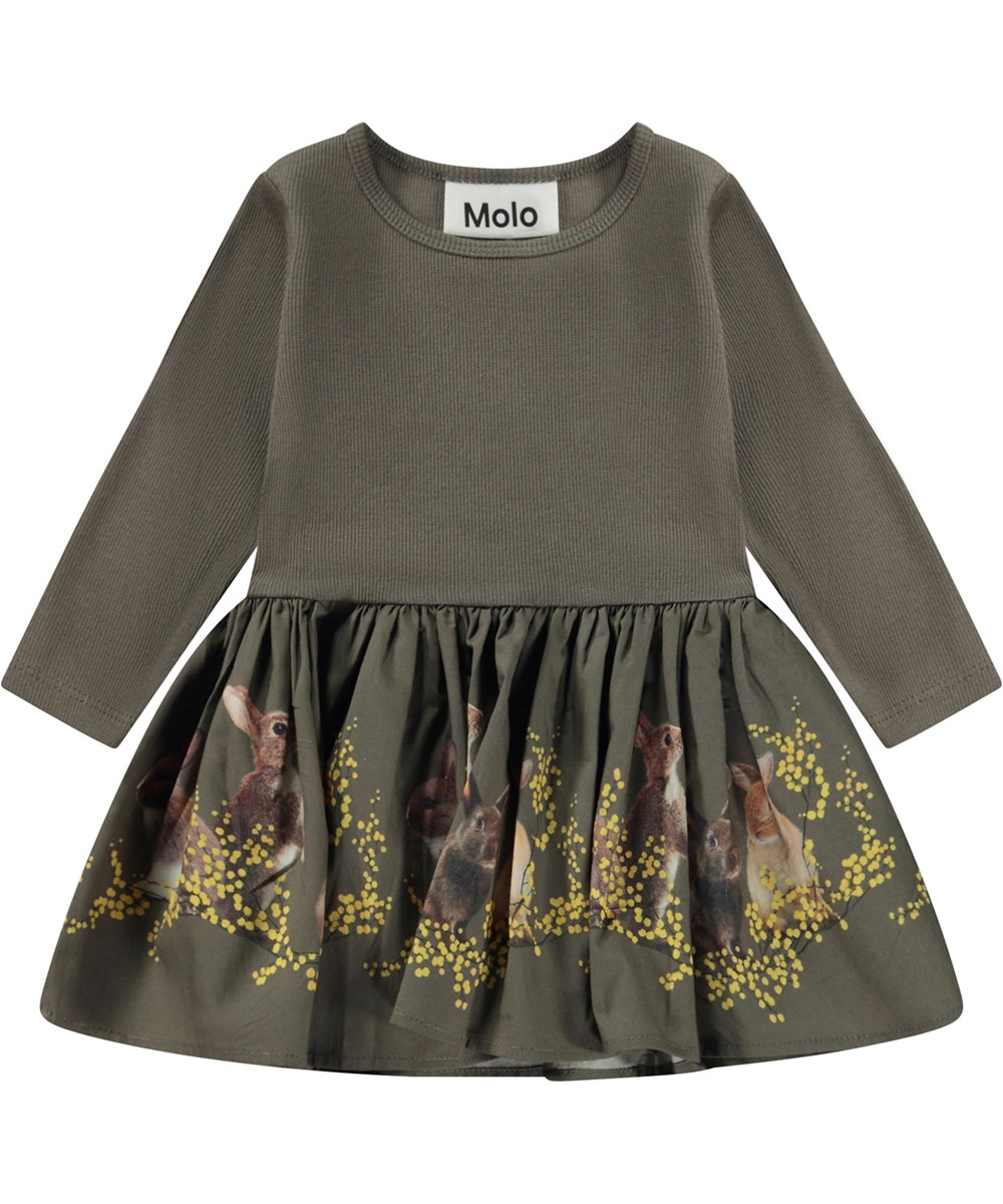 Candi - Mimosa Bunnies - Økologisk brun babykjole med kanin print