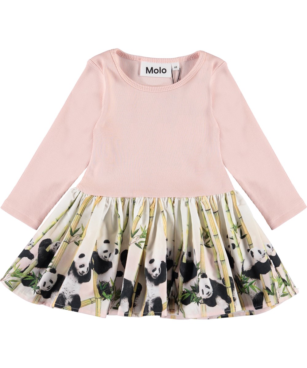 Candi - Panda Party Baby - Baby kjole med lyserød rib og pandaer