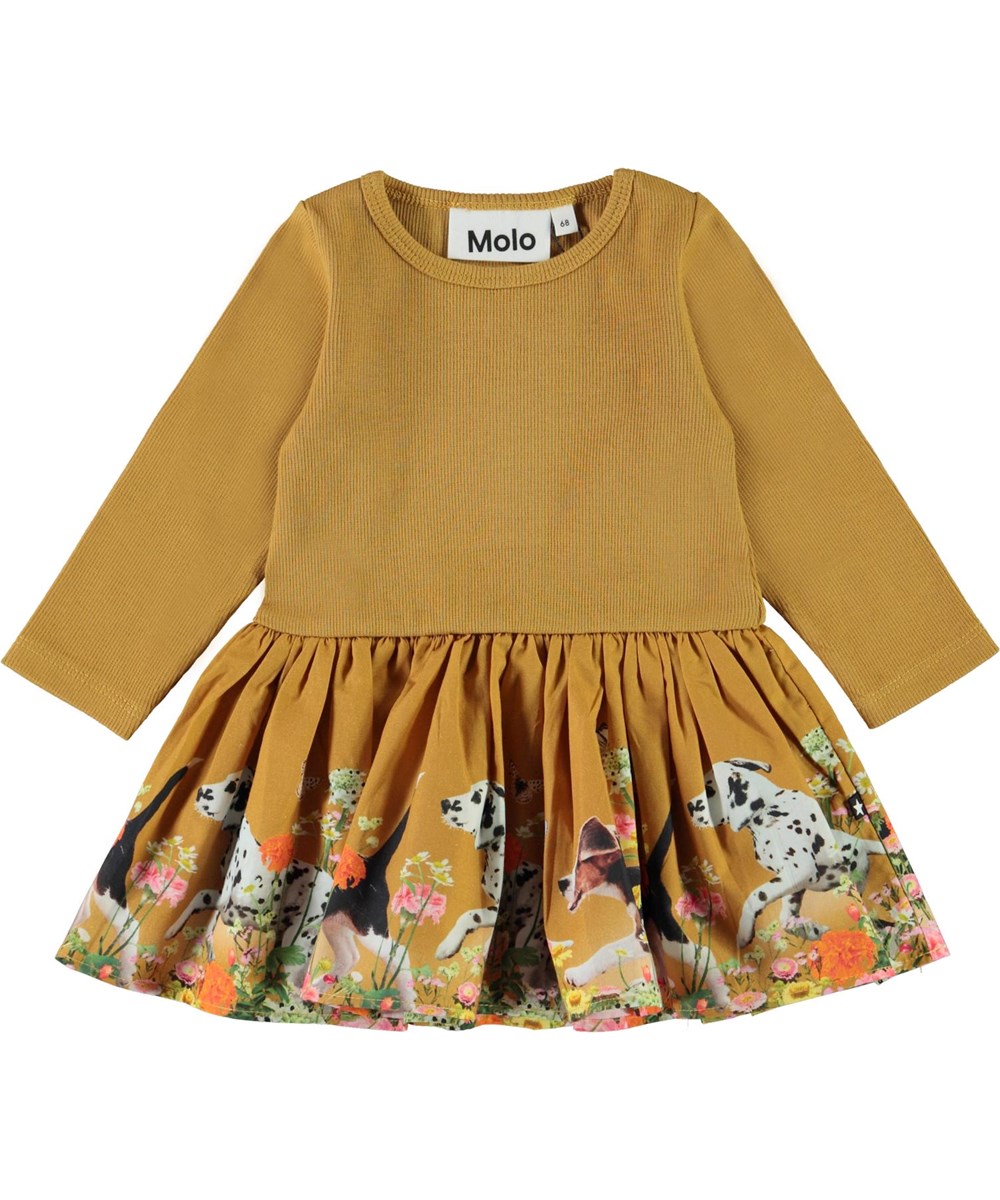 Candi - Run Wild_Baby - Gul baby kjole med rib og hunde print