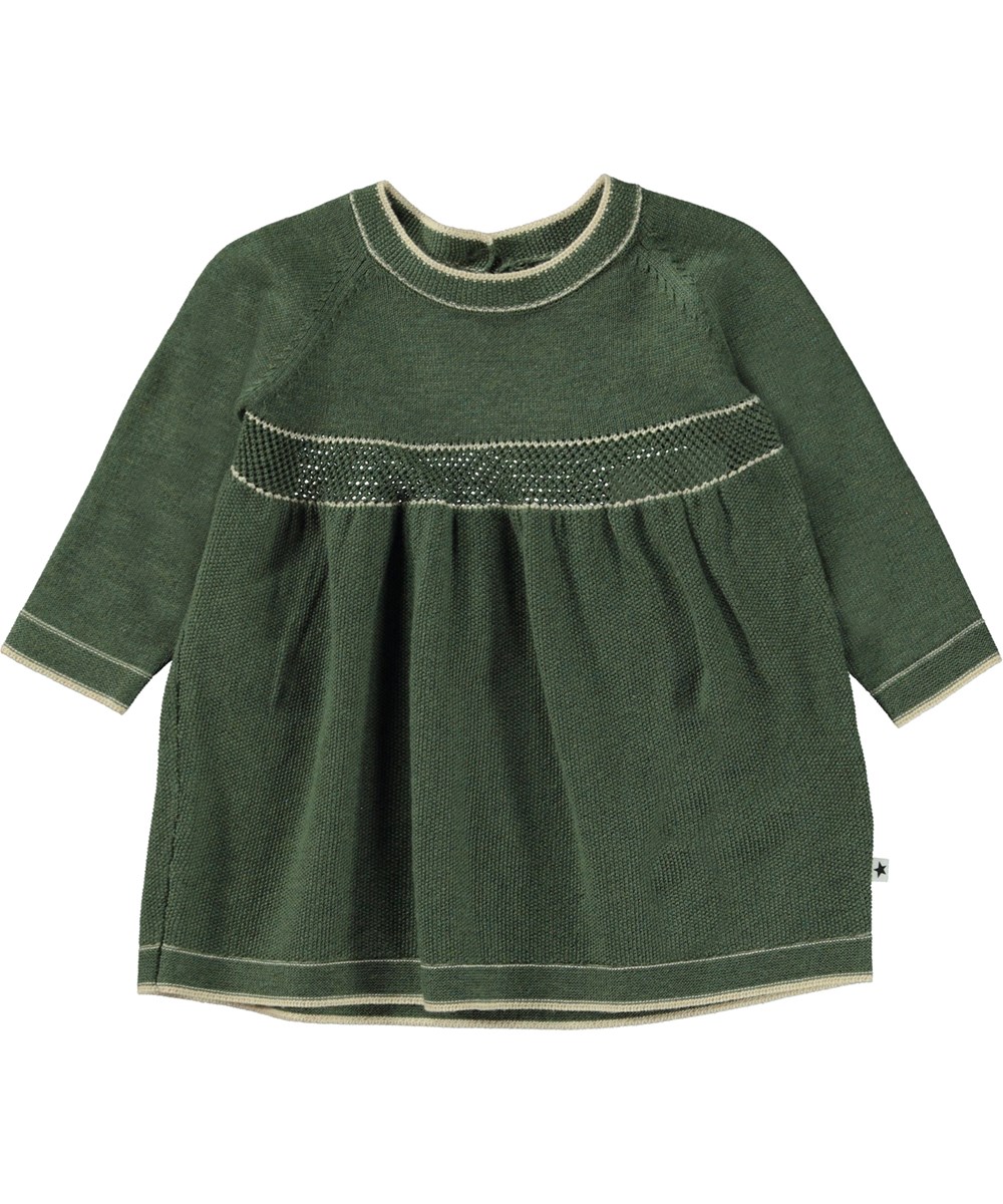 Charlotte - Moss Green - Mørkegrøn baby strikkjole med lange ærmer