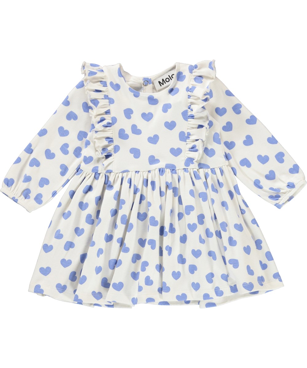 Chocho - Blue Hearts - Hvid babykjole med print af blå hjerter