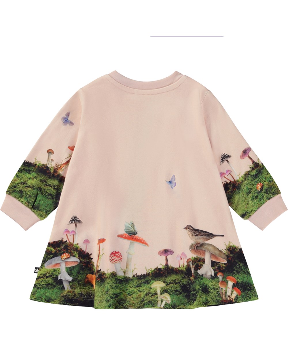 Corey - Forest Border - Lyserød babykjole med print af skoven, svampe og dyr