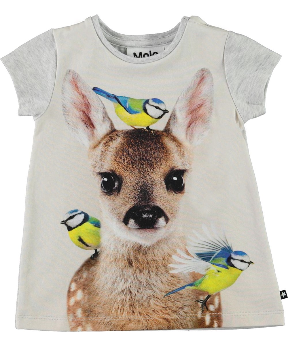 Corina - Little Fawn - Økologisk grå baby kjole med rådyr og fugle