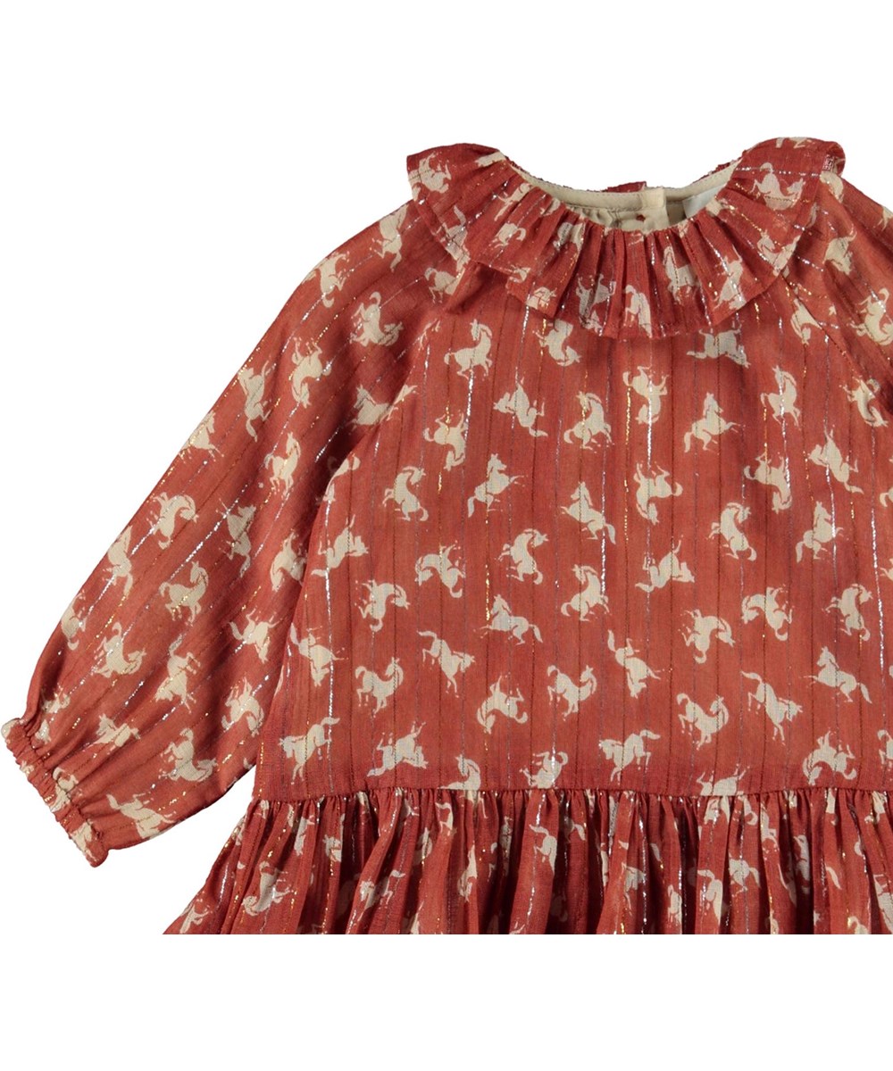 Corinne - Mini Horse Woven - Brun baby kjole med heste