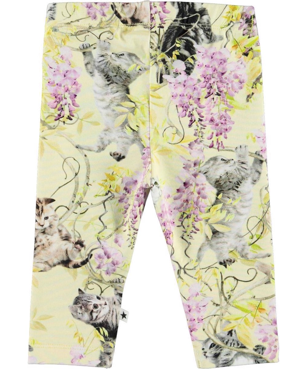 Stefanie - Clumsy Cuteness - Lysegule økologiske baby leggings blåregn kattekilling
