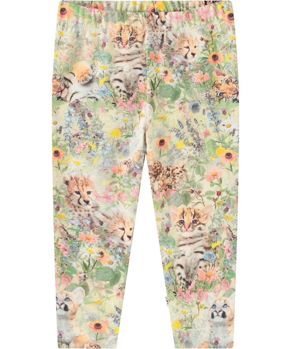Stefanie - Meadow Cubs - Leggings i økologisk bomuld til de baby med print af dyreunger i et blomsterbed. 