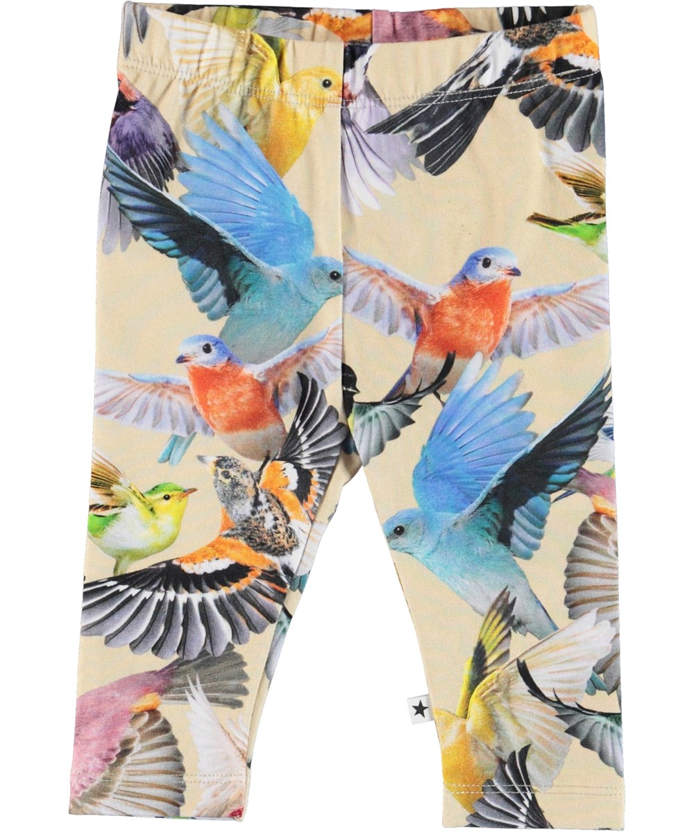 Stefanie - Whimsical - Økologiske baby leggings i lysegul med fugle print