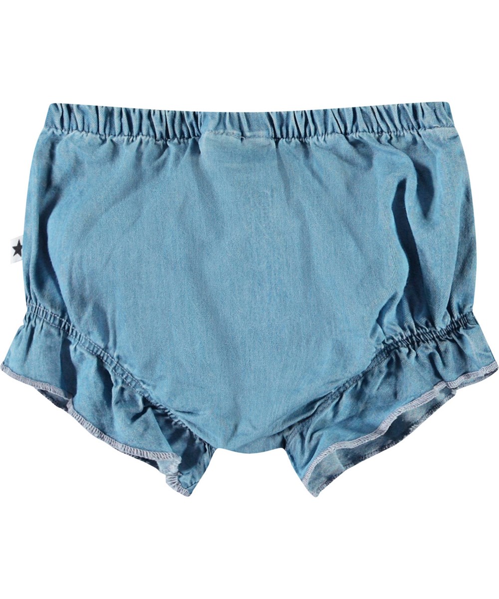 Sadie - Sky Indigo - Lyseblå bloomer shorts i økologisk bomuldschambrey til baby.