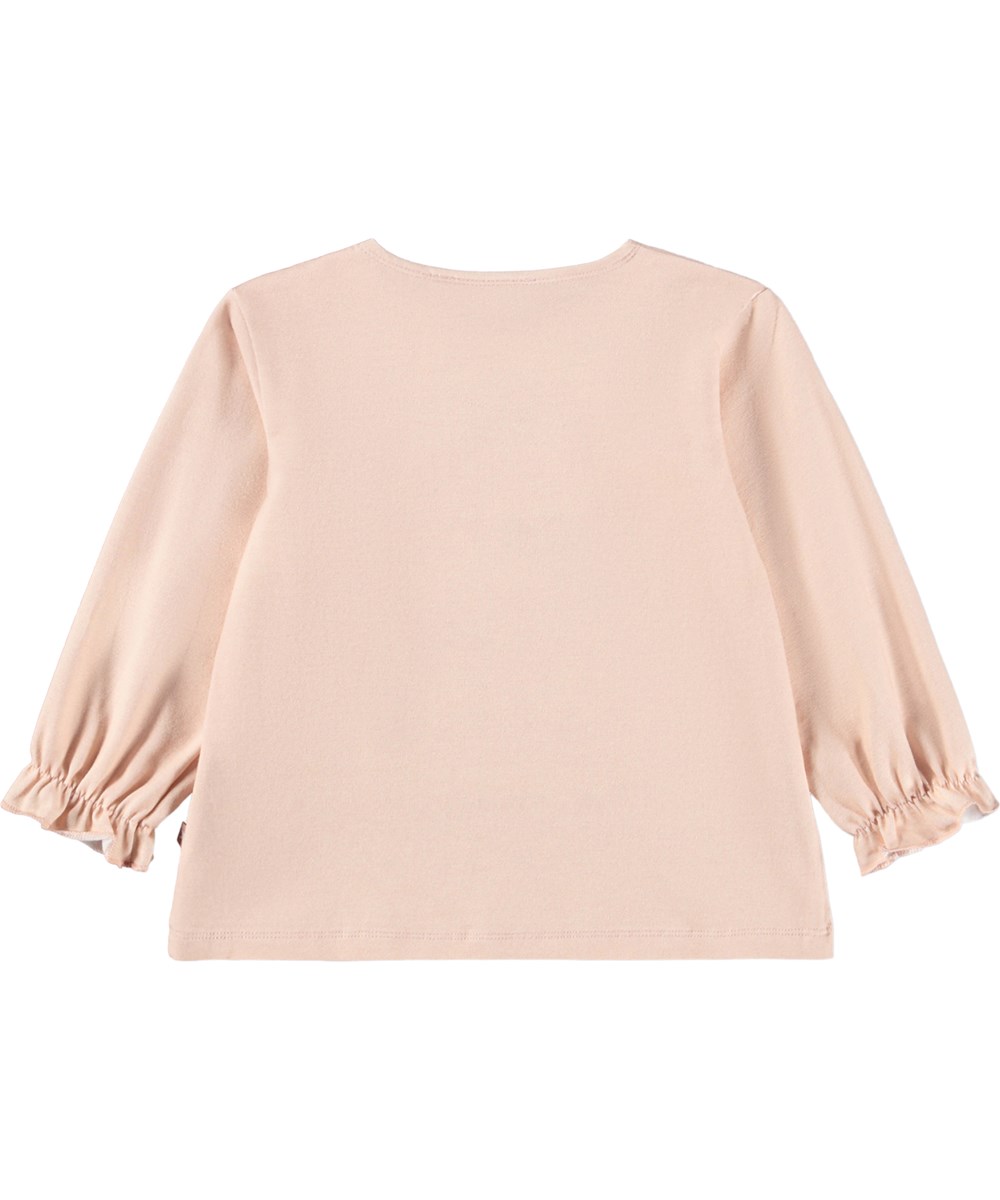 Elina - Mini Party - Langærmet, lyserød babybluse med dyreprint og flæsedetaljer i økologisk bomuld
