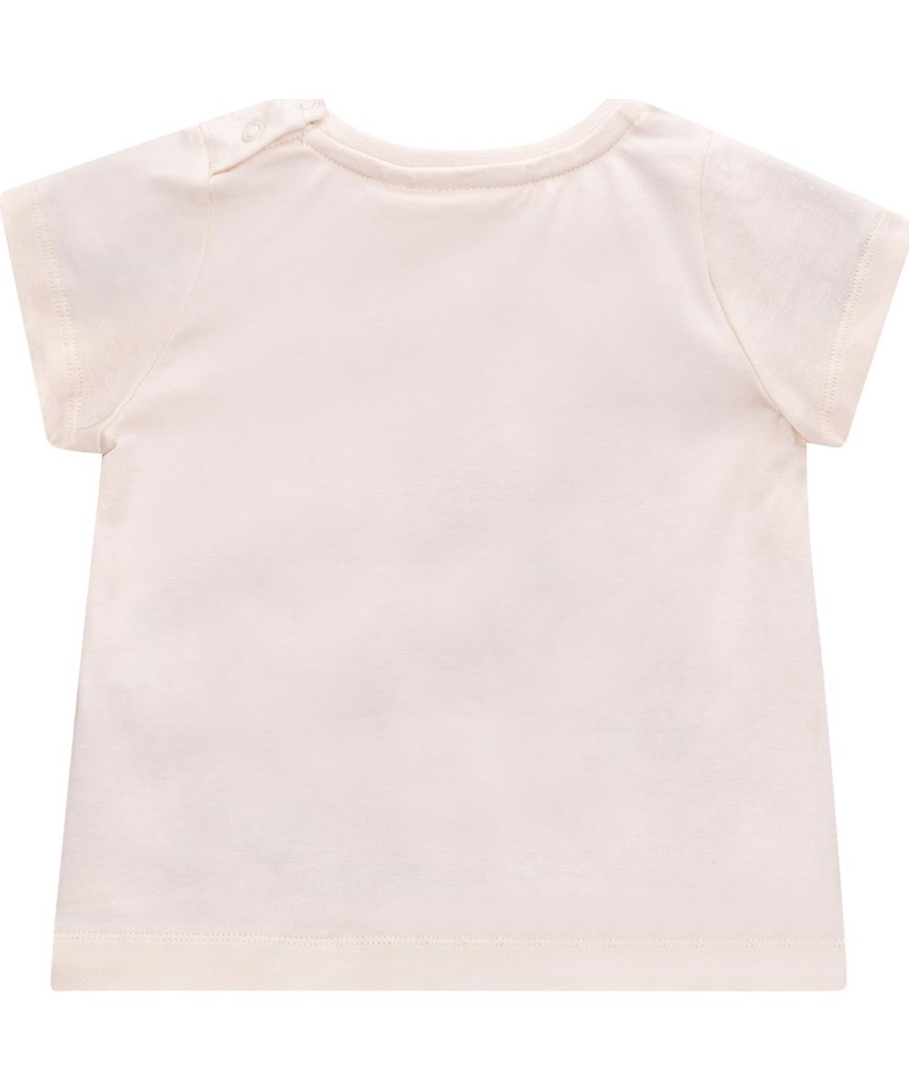 Elly - Garden Top - Hvid t-shirt i blødt økologisk bomuld med et farverigt print af sommerfugle og artiskokblomster