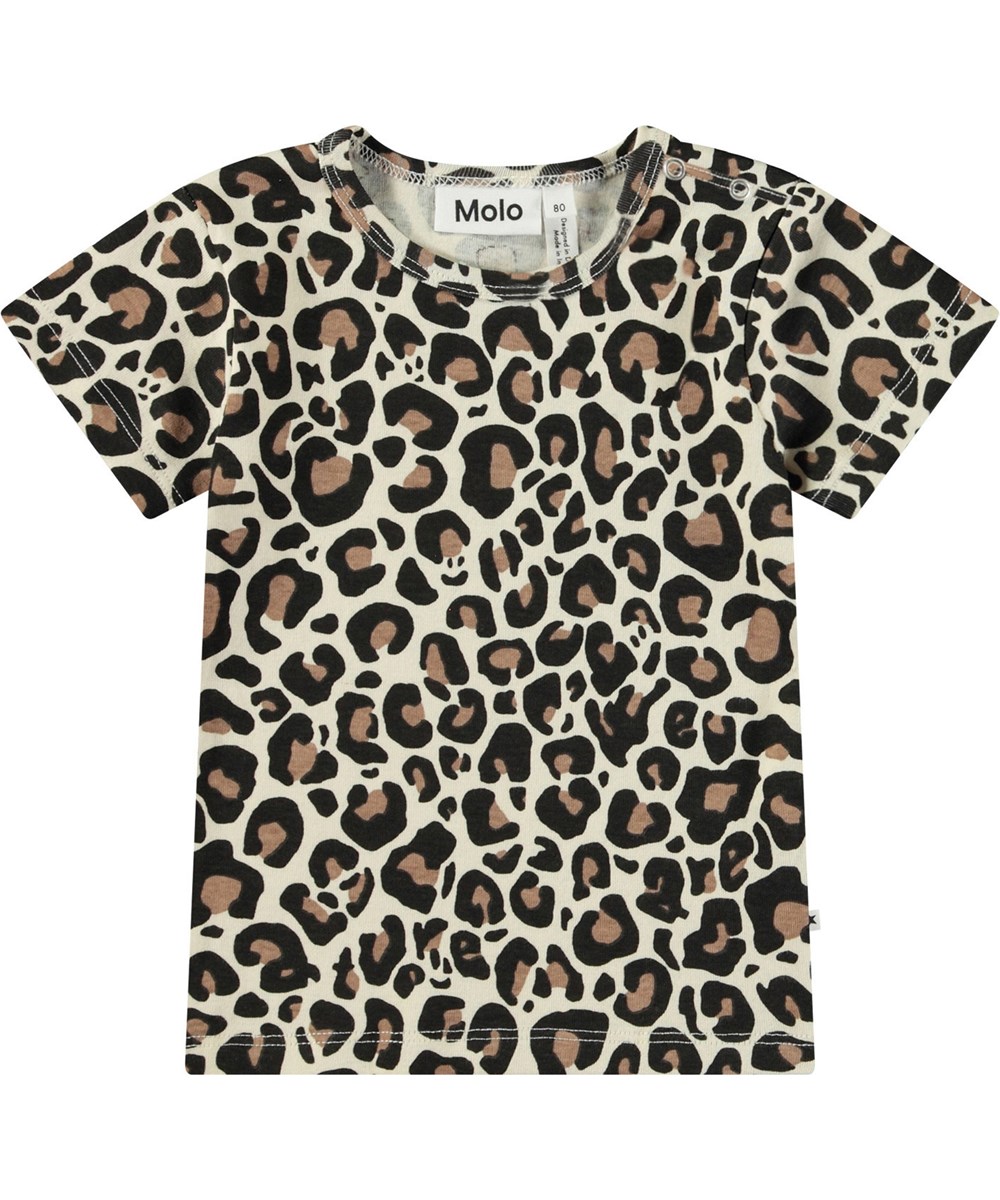 Elvira - Jaguar Sand - T-shirt i økologisk bomuld til baby. T-shirten har et allover jaguarprint. 