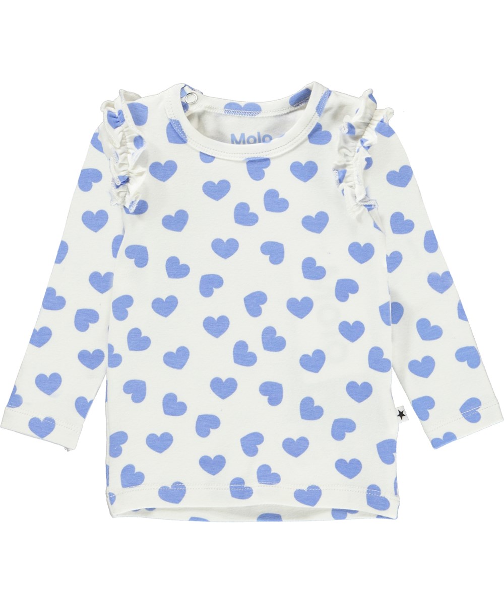 Emma - Blue Hearts - Økologisk babybluse med hjerte print og flæse