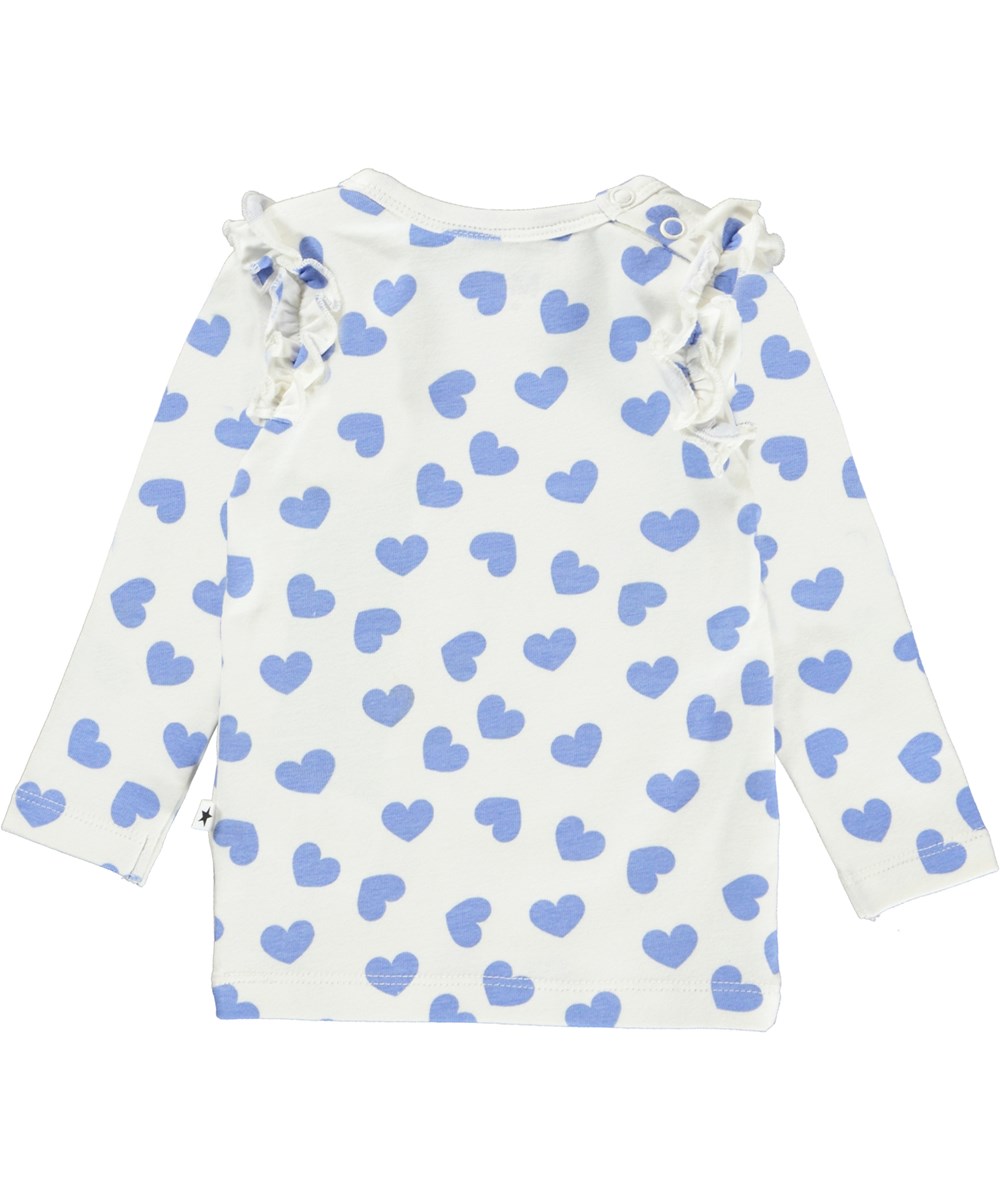 Emma - Blue Hearts - Økologisk babybluse med hjerte print og flæse