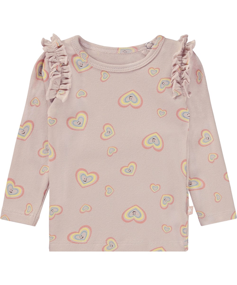 Emma - Mini Aura Hearts - Økologisk lyserød baby bluse med hjerter