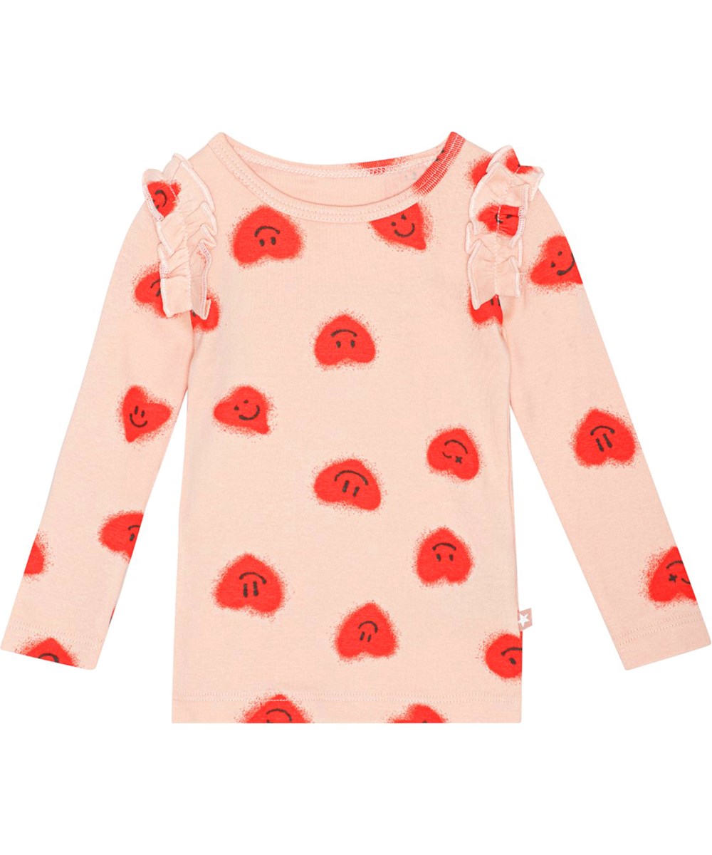 Emma - Red Hearts_ Jersey - Lyserød bluse med lange ærmer i blødt økologisk bomuldsjersey med print af smilende graffiti hjerter