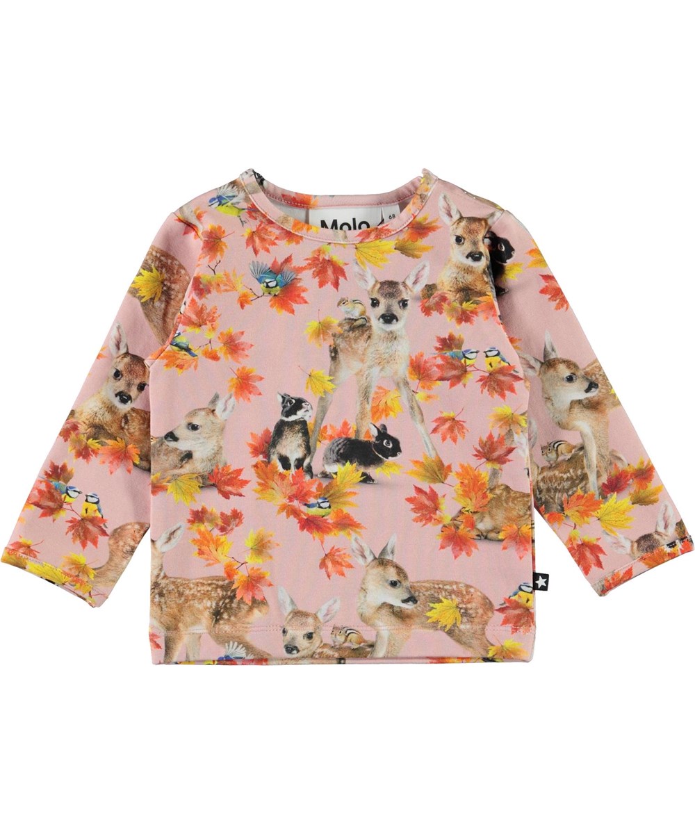 Eva - Autumn Fawns - Økologisk lyserød babybluse med rådyr