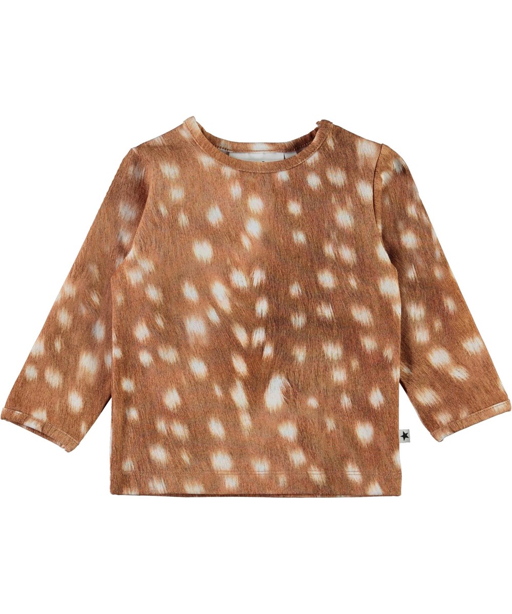 Eva - Baby Fawns - Økologisk brun babybluse med hvide pletter