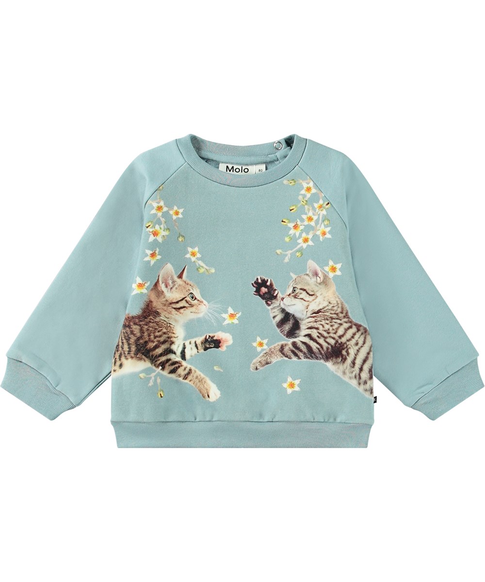 Disc - Kitten Star Dusty - Lyseblå økologisk babysweatshirt med kattekilling og blomster print
