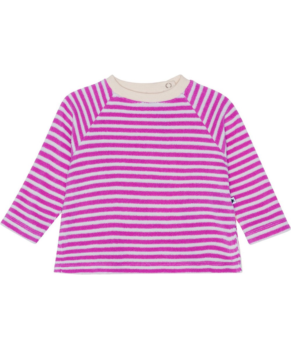 Dora - Purple Shell Stripe - Stribet pink og råhvid langærmet bluse i blødt bomuldsfrotté.