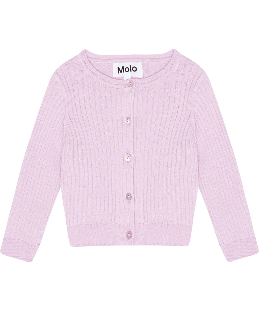 Gabby - Alpine Glow - Strikket lyslilla cardigan til de mindste i økologisk bomuld