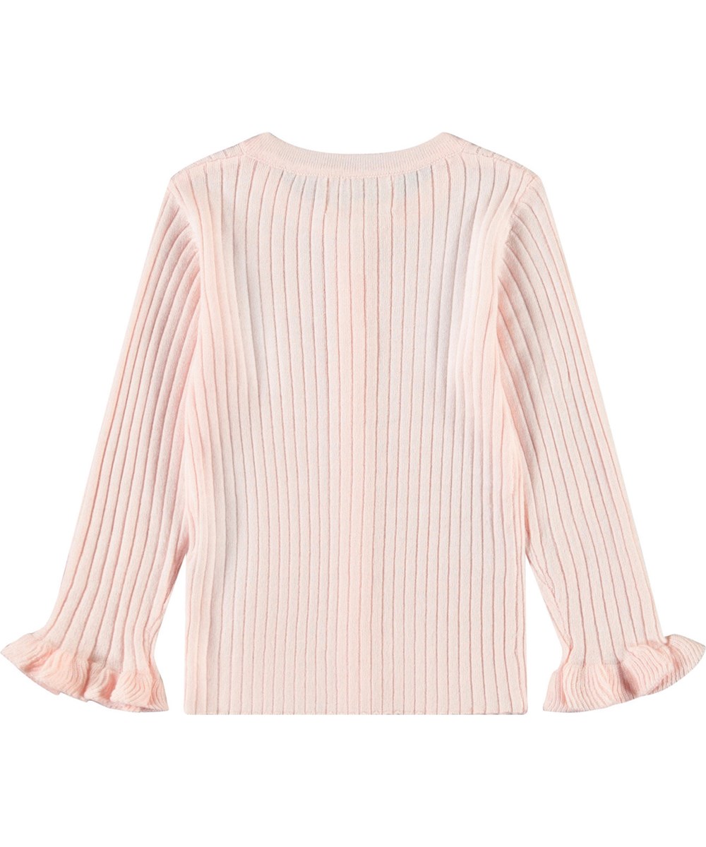 Gavi - Charlotte Pink - Lyserød strik babycardigan med flæsekanter ved ærmer.