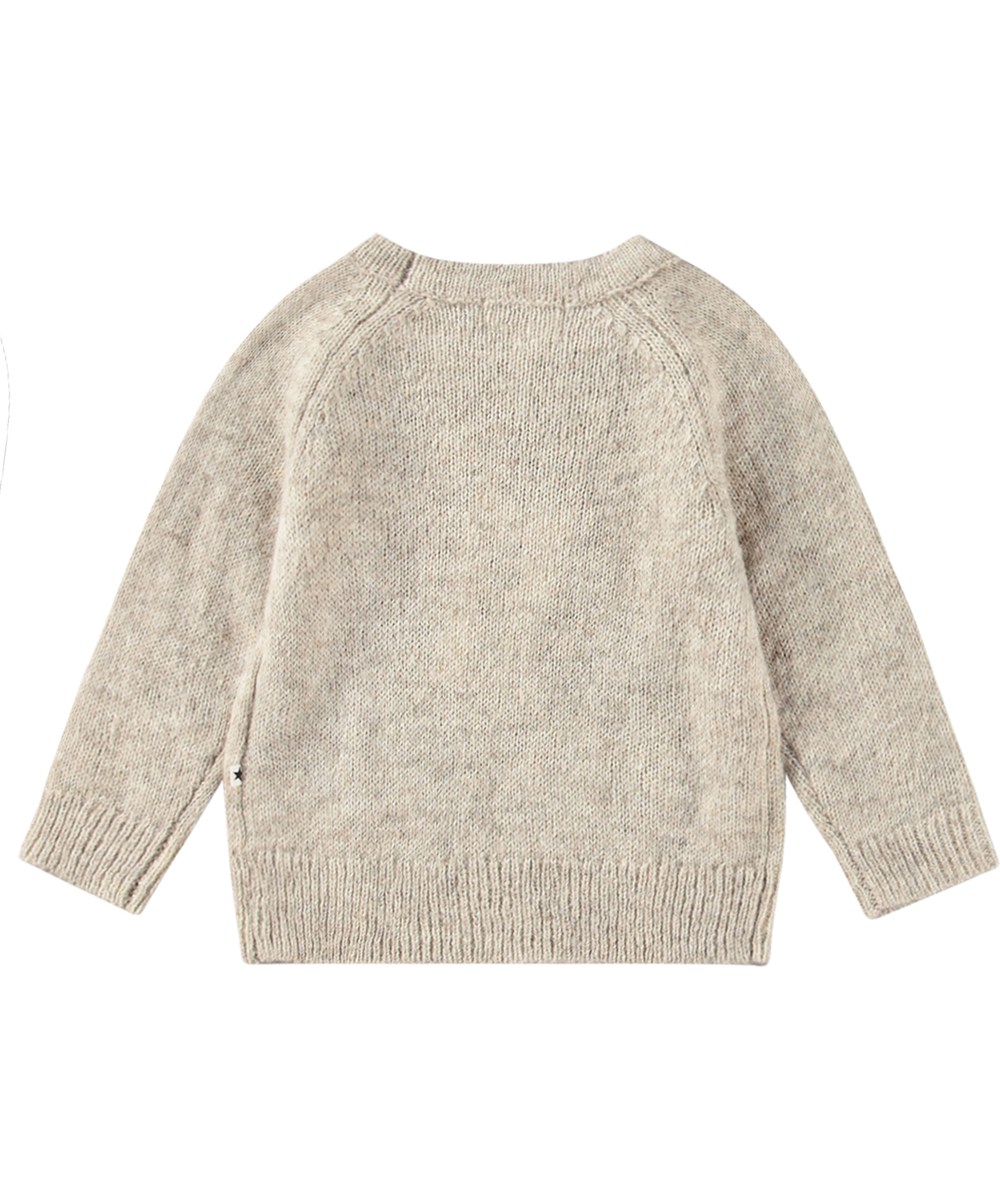 Gilby - Kitten Knit - Lys beige melange babystriktrøje med kattemotiv