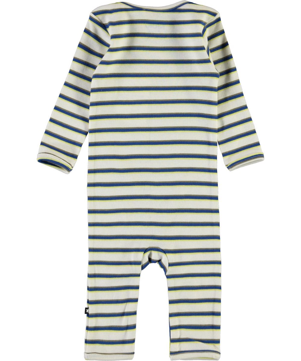 Faso - 4 Colour Stripe - Ekologisk blå grå och gulradnig babybody