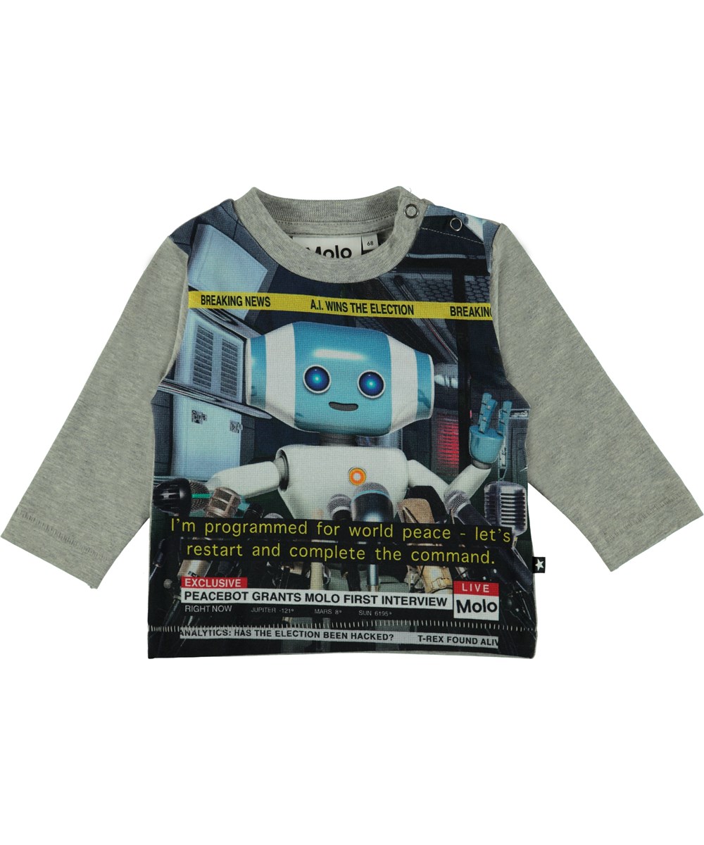 Enovan - Robot - Långärmad grå t-shirt med tryck av robot 