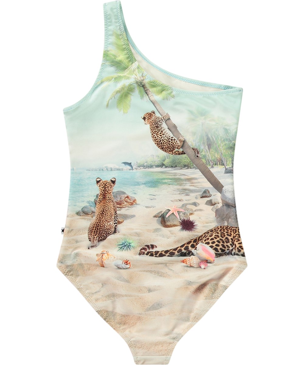 Nai - On The Beach - Hellblauer Einteiler-Badeanzug für aktive Kinder aus recyceltem Polyester mit UV-Schutz 50+.