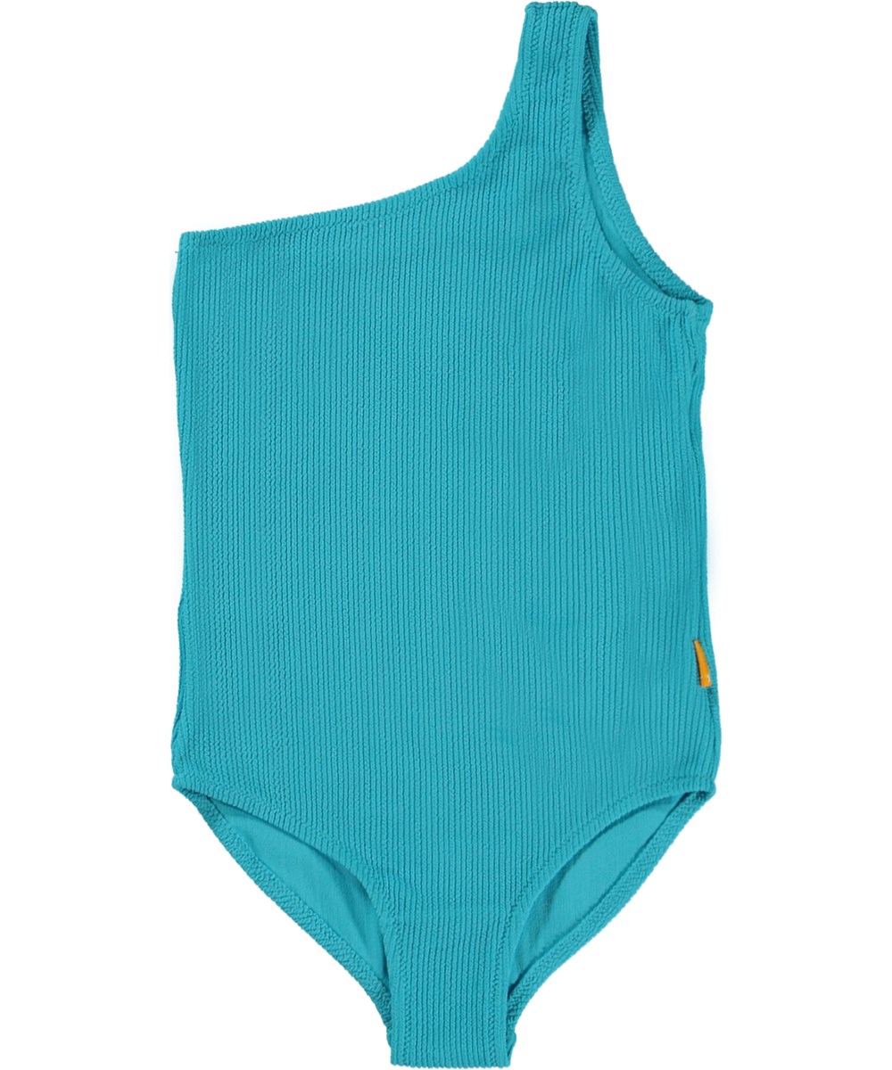 Nai - Turquoise Sea - Türkisfarbener One-Shoulder-Badeanzug aus gewelltem Material mit Smok-Effekt