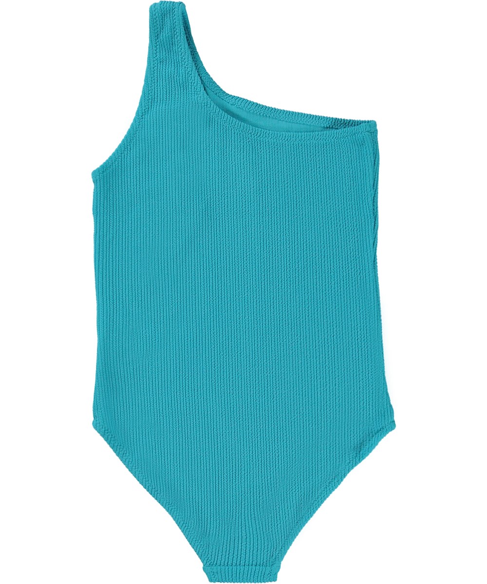 Nai - Turquoise Sea - Türkisfarbener One-Shoulder-Badeanzug aus gewelltem Material mit Smok-Effekt